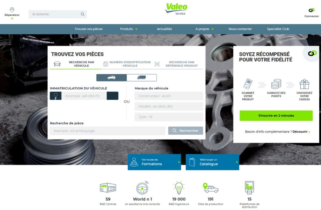 Ci-dessus, la version française du nouveau site d'information de Valeo. L'identification de la pièce donne accès à de nombreuses information pour les professionnels.